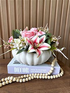 Arranjo de Rosas e Lirios Rosa Artificial Vaso Gomo OffWhite
