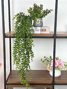 Planta Artificial Pendente Eucalipto + Vasinho Cinza Cerâmica com Eucalipto