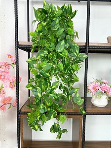 Pendente Artificial 2 Hastes Jiboia Verde/Creme 100cm Vaso Preto Aquário