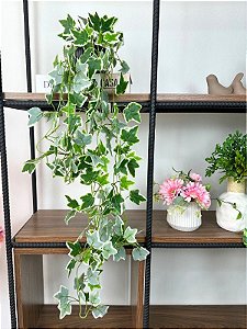Pendente Folhagem Hera Verde/Creme 1m Artificial Vaso Cerâmica Preto