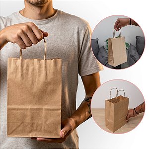 Sacola de Papel Kraft Pardo - 26 x 18 x 10 cm - Tamanho P