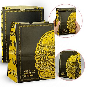 Saco de Papel Kraft Tamanho G 31 x 24 x 15,5 cm - Estampa Burger Black