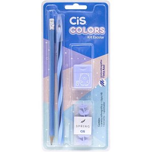 Kit Escolar Cis Colors Azul - 1 Caneta Spiro Clean + 1 Lapis Pérola HB + 1 Borracha Spring + 1 Apontador