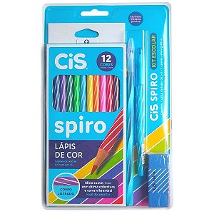 Kit Escolar Cis Spiro Azul - lápis de cor + caneta + lapiseira + borracha