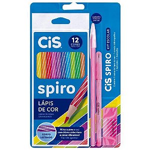 Kit Escolar Cis Spiro Rosa - lápis de cor + caneta + lapiseira + borracha