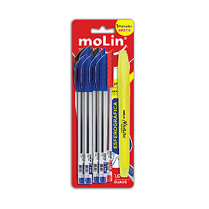 Kit Molin Com 10 Canetas: Azul 6 / Vermelho 1 / Preto 3 + 1 Marcador Fluorescente Cor Sortida