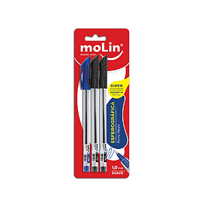 Kit Molin Com 3 Canetas Ponta Média 1,0mm - 2 Preto + 1 Azul