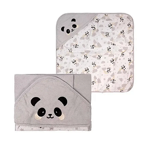 Toalha Plush com Puff no Capuz e Forro de Fralda Bublim Baby Temas Panda Cinza Incomfral Ref:76067-482