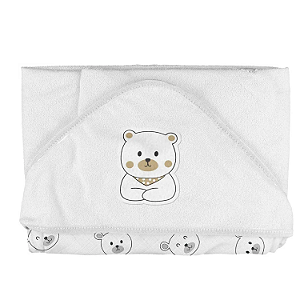 Toalha Plush com Puff no Capuz e Forro de Fralda Bublim Baby Temas Urso Branco Incomfral Ref:76045-0E7