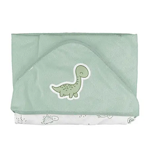 Toalha Plush com Puff no Capuz e Forro de Fralda Bublim Baby Temas Dino Verde Incomfral Ref:76045-0J4