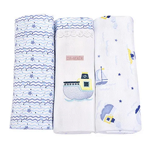 Kit Manta Cueiro Cia Do Neném Algodão 80cm x 80cm Estampada com Bainha 3 unidades Minasrey Ref:5326 62-ABB-BARCO