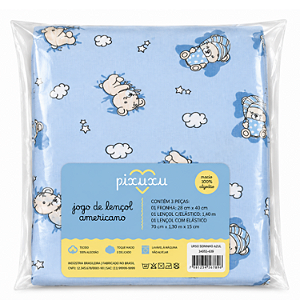 Jogo de Lençol Americano Pixuxu Malha Urso Soninho Azul com 3 Peças Incomfral Ref:34055-637