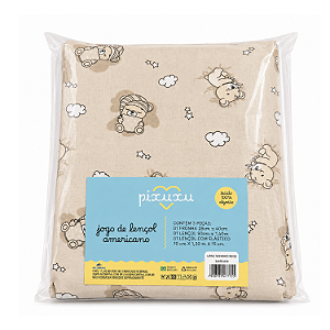Jogo de Lençol Americano Pixuxu Malha Urso Soninho Bege com 3 Peças Incomfral Ref:34055-638