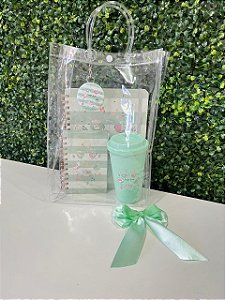 Kit Sacolinha - Caderno + Copo + Caderneta + Chaveiro - Seja Leve