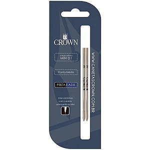 Carga Refil para Caneta Crown Mini D1 Ponta Média Preto e Azul