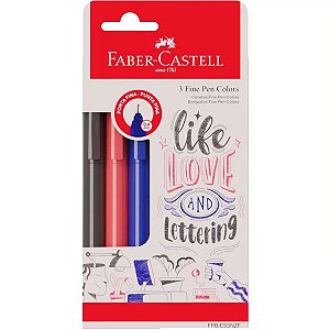 Conjunto Caneta Faber Castell Fine Pen 3 Cores Azul, Vermelho e Preto