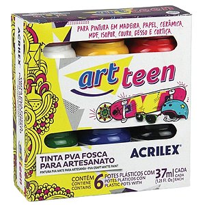 Tinta Pva Fosca para Artesanato Acrilex ArtTeen 6 Cores 37ml cada