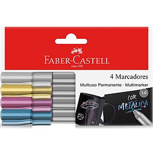 Conjunto Caneta Marcador Permanente Faber Castell Metálico 4 Cores 1.0mm