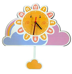 Relógio Infantil Quarto de Criança Com Pêndulo Sol Nuvem Rosa