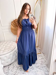 Vestido Ciganinha Longo Moda Evangélica Lastex na Cintura Jeans