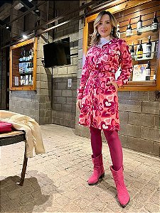 Vestido Chemise Estampa Coração Rosa E Pink