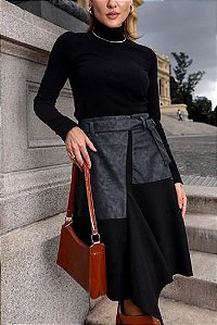Saia  Suede E Couro Preta E Cinza