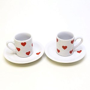 Conjunto com 2 Xícaras de Café com Pires Coração Vermelho