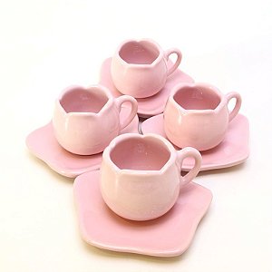 Jogo com 4 xícaras e Pires para Café Tulipa Rosa