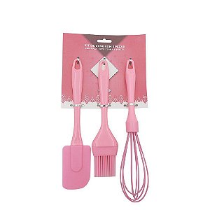 Kit Silicone com 1 Espátula, 1 batedor e 1 Pincel Rosa