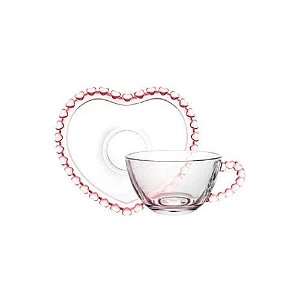 Xícara de Chá com Pires Coração Borda Rosa 170ml