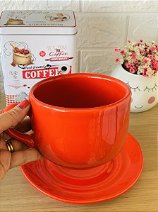 Caneca Jumbo para Sopa com Pires Vermelha 600ml