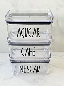 Kit com 3 Potes Herméticos Personalizados Café Nescau e Açúcar 580ml