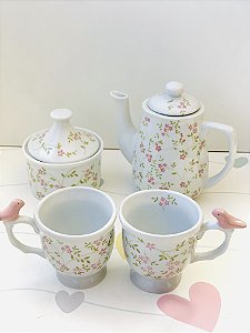 Conjunto de Café Floral com Bule, Açucareiro e 2 Xícaras