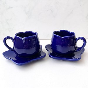 Jogo com 2 Xícaras e Pires para Chá Tulipa Azul Cobalto 200ml