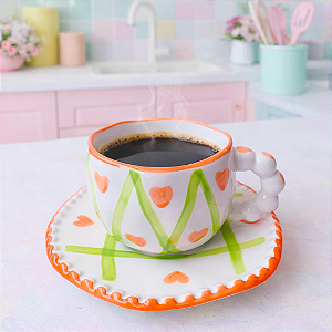 Xicara com Pires Coração Laranja Listras em Cerâmica