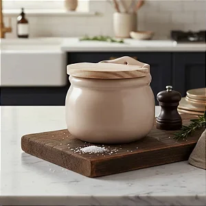 Saleiro em Porcelana com Tampa de Madeira Areia