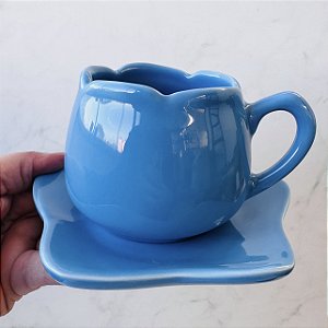 Xícara com Pires em Cerâmica para Chá Tulipa Azul Celeste 200ml