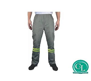 Calça Operacional em Brim Reforçada Cinza com Refletivo Verde