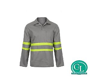 Camisa Brim Gola Italiana Manga Longa Cinza com Refletivo Verde