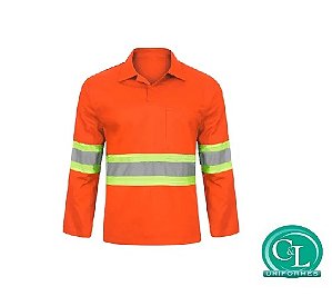 Camisa Brim Gola Italiana Manga Longa Laranja com Refletivo Verde