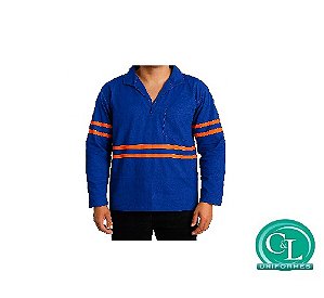 Camisa Brim Gola Italiana Manga longa azul com refletivo laranja