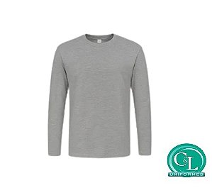 Camiseta Gola Careca na Malha 100% Algodão Manga Longa Cinza