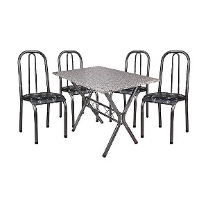 Conjunto Mesa Quality Roma Granito 120x75cm com 4 Cadeiras Preto Craqueado Assento Floral Preto