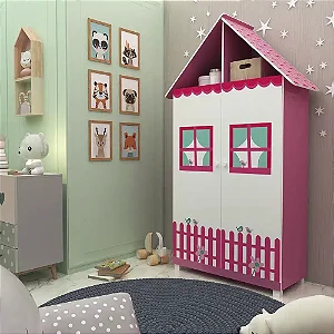 Roupeiro Casinha 2 Portas Pink Ploc / Branco Acetinado - Gelius