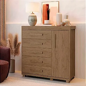 Cômoda 5 Gavetas e 1 Porta Castanho Londres Fênix