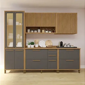 Cozinha Completa Torino com 2 Aéreos, 1 Paneleiro Porta de Vidro e 2 Balcões - Valdemóveis