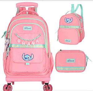 Mochila  Rodinhas Stitch com Lancheira e Estojo BOX Salmão