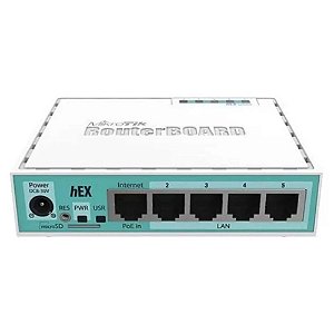 Roteador MikroTik RouterBOARD hEX RB750Gr3 branco e azul-turquesa