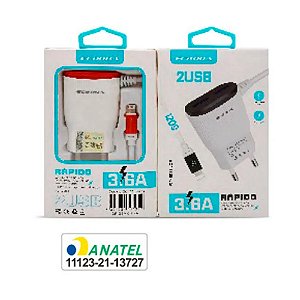 Carregador 3.6A - 2 Entradas USB com cabo IPhone embutido - Ecooda (EC11143-5G)