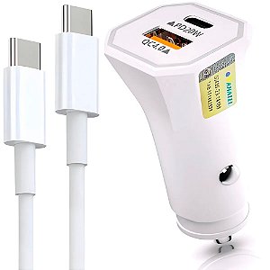 Carregador de celular veicular USB + Type-C PD com cabo 1m branco (LE-355 TYPE-C)